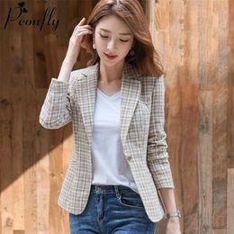 PEONFLY Women Elegant Plaid Blazer Long Sleeve Single Button Slim Checked Coat Formal Office Work Jacket Outerwear Pink Blue 211122