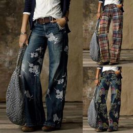 Womens Jeans Women Vintage Wide Leg Pant Casual Loose Denim Pants High Waist Floral Print Trousers For Work Plus Size