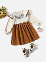 Toddler Girls Floral Print Ruffle Trim Corduroy Smock Dress SHE