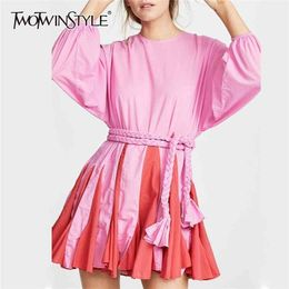 Hit Colour Patchwork Mini Dress Women O Neck Lantern Sleeve Bandage High Waist Dresses Female Spring Fashion 210520