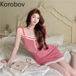 Korobov New Summer Striped Hit Color Women Dress Korean Knitted Female Dresses Vintage Elegant Spaghetti Strap Robe Femme 210430