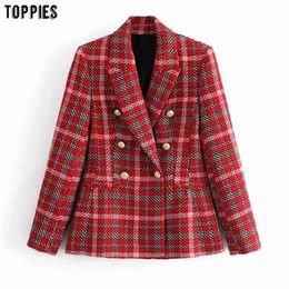 Vintage Plaid Woollen Jacket Coat Woman Double Breasted Suits Female Outwear Clothes 210421