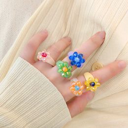 Geometric Ring 2021 Colourful Acrylic Resin Cartoon Love Flower Ring Transparent for Women Girls Travel Party Jewellery Gifts
