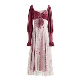 Pink Long Sleeve Autumn Velvet Mesh Mid-calf Midi Dress Vintage Patchwork Sequined D1474 210514