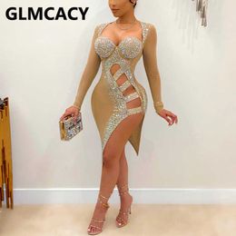 Long Sleeve Diamond Embellished Bodycon Dress Evening Party Slit Mini Dress 210702