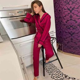 HECHAN Soild Satin Pyjamas Women Long Sleeve Robes And Pants Patchwork Two Piece Set Female Home Suit Sets Thin Sleepwear Spring 210330