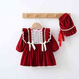 Baby Girls Clothes Plus Velvet Solid Color Lace Retro Princess Dress Children's Full Moon Birthday Party Dress With Hat Vestidos G1129