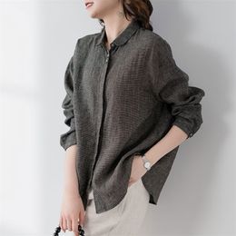 Spring Autumn Arts Style Women Long Sleeve Loose Turn-down Collar Shirts Cotton Linen Small Plaid Casual Blouses V71 210512