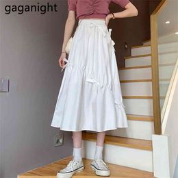 Black White Midi Skirt Women Casual Spring Summer High Waist A-line Fashion Bow Drawstring Irregular Long s 210601