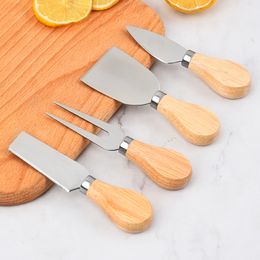 Factory cheese knife 4-piece stainless steel pizza cake fork shovel wooden handle cheese butter knife set baking kitchen tools