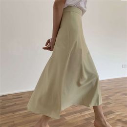 Summer Silk Skirts Women solid color High Waist Midi Female A-line faldas korean Streetwear 210421