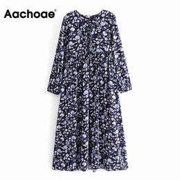 Aachoae Women Loose O Neck Floral Print Long Dresses Elegant Bow Tie Boho Dress Female Casual Long Sleeve Retro Dress 210413