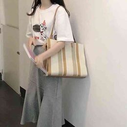 Shopping Bags Korean Work Canvas Tote for Women Striped Casual Shopper Ladies Handbags Weekend Large Capacity Female Shoulder Bag New 220307