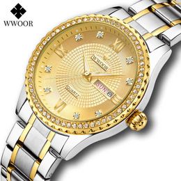 WWOOR Luxury Diamond Men Watches Stainless Steel Gold Quartz Wristwatch Man Waterproof Automatic Week Date Relogio Masculino 210527