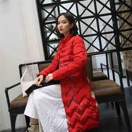 Folk Style Vintage Winter Jacket Women Slim Cotton Padded Warm Thicken Ladies Coat Long Coats Print Parka Womens Jackets D269 210512