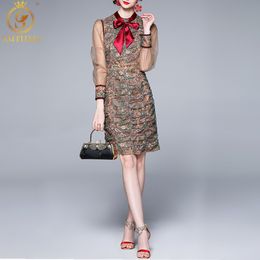 Fashion Spring Designer Vintage Runway Dress Women Bow Long Sleeve Mesh Embroidery Flowers A-Line Temperament Vestidos 210520