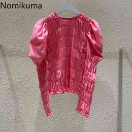 Nomikuma Korean Pleated Stretch Slim Women Blouse Top Vintage Puff Long Sleeve O-neck Shirt Autumn New Blusas Mujer 6C595 210427