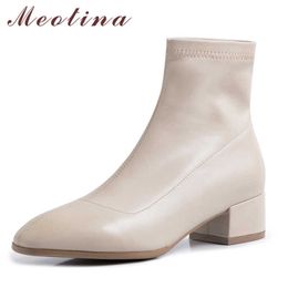 Meotina Ankle Boots Women Shoes Mid Heel Short Boots Square Toe Chunky Heels Female Footwear Autumn White Black Large Size 43 210608