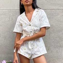 INSPIRED Playful mini sunflower embroidered Romper casual summer romper for women paper bag waist beach playsuit new 210412