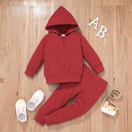 Winter Children Sets Casual Long Sleeve Hooded Zipper Hoodies Red Solid Trousers Cute 2Pcs Girls Clothes 210629