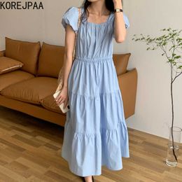 Korejpaa Women Dress Summer simple square neckline pleated design waist-slim solid color versatile bubble sleeve dresses 210526