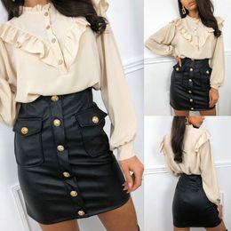 Women Office Lady Front Button Pencil PU Skirt High Waist Pockets Solid Elegant Casual Mini Skirt Spring New Fashion Skirt 210412
