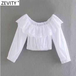 Women Sweet Off Shoulder Hollow Out Embroidery Ruffles White Smock Blouse Female Short Slim Shirt Chic Blusas Tops LS9175 210416