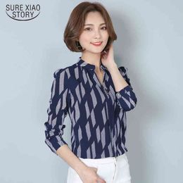 Spring Plaid Striped Women Long Sleeve Chiffon Blouse Casual V-neck Shirt Female Fashion Slim Tops 812F30 210415