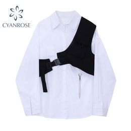 Spring Autumn Two Piece Sets Women Long Sleeve Loose White Blouse Shirt Tops + Bandage Black Vest Fashion Suits Casual 210417