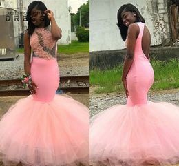 Stunning Pink Mermaid Prom Dresses African Girls Plus Size Open Back Illusion Bodice Beads Appliques Top Ruched Long Evening Gowns Junior Graduation Wears BC1760