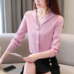 Long Sleeve Solid Pullover Women's Blouse Shirt Office Lady V-neck Loose Chiffon Women Camisas Mujer 6752 50 210508