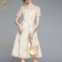 Fashion Designer Summer Mesh Midi Dress Women Short Sleeve Flowers Embroidery Vintage Party Dresses Robe 210520