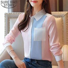 Fashion Chiffon Blouses Office Lady Shirts Autumn Women Casual Long Sleeve Pocket Tops Spliced Clothing 6196 50 210510