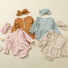 Baby Ribbed Rompers Headbands Sets Autumn Long Sleeve Floral Romper Toddler Ruffed Jumpsuits Boutique Clothing M3800