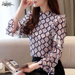 Blusas Womens Tops and Blouses Pullover Flare Sleeve Ladies Chiffon Blouse for Women Ruffles Print Stand 8504 50 210508