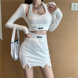 3 Pieces Sets White knitting Blouses + Tops+Skirt Summer Women Casual Sweet long Sleeve Tops And A Line Mini Skirts 210730