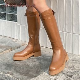 Real Wool Fur Med Heel Knee High Boots Genuine Leather Women Platform Thick Long Zip Female Shoes Beige 210517
