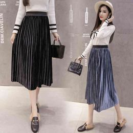 Women Pleuche Skirts Female Soild A-line Pleated Casual Gold Velvet Maxi Autumn Winter Multi-colored 210514