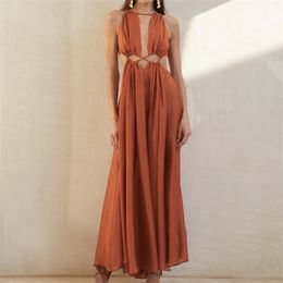 Paris Girl Boho Long Dress Women Sundress Halter Neck Strap Wrapped Chest Sexy Backless Hollow Irregular Beach Dresses Summer 210409