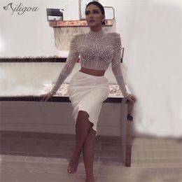 Summer Women's 2-Piece Two-piece Mesh Beaded Top + Pencil Skirt Female Bandage Sexy Celebrity Party Set 210525