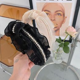 Fashion Women Headband Lace Flower Pearls Hairband Wide Side Summer Autumn Headwear Adult Hair Accessories