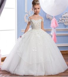 New Hot Grace Flower Girl Dresses Blue Pink Champagne Luxury Sleeveless Expansion Ruffles Flowers Little Girls Pageant Tulle Gowns