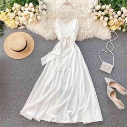 Retro Women Party Dress Slim A-line Bandage Long Robe Ladies V-neck Sexy White Summer Elegant Midi 210525