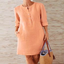 Women's Plus Size Linen Dress Women O-Neck Solid Color Casual Long Sleeve With Pockets Daily Button Fashion Party Dresses