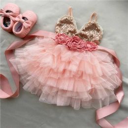 Shinny flower girls dress for kids with belt toddle party gown gold sequined layered tutu children year clothing 210529