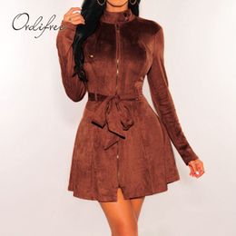 Autumn Women Suede Mini With Belt Vintage Long Sleeve Sexy Short Party Dress 210415
