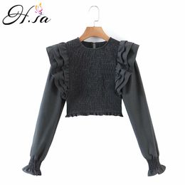 HSA Spring Arrivals Women Black Ruffles Blouses Slim Elastic Long Sleeve Casual Blusa Sexy Shirts Blouse de Mujer 210417