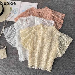Neploe Blusas De Mujer Summer Women Lace Tops Korean Fashion Clothes See Throught Shirts Stand Neck Elegant Ladies Blouses 210422