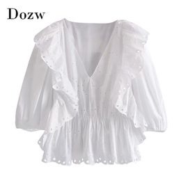 Chic Women Hollow Out White Embroidered Blouse V Neck Stylish Ruffles Cotton Shirt Lantern Sleeve Solid Causal Tops Blusas 210414