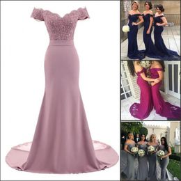 Vestidos de dama de honra rosa rosa poeirento Sereia Renda floral aplique frisado decote em V vestidos de noite convidada de casamento ombro a ombro Vestido de dama de honra